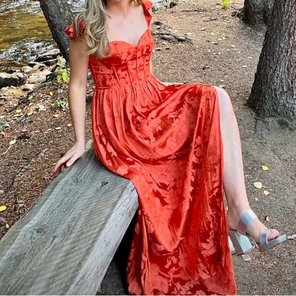 SALE Azazie Wedding Guest Dress Rust Size 6 JIANNA FLUTTER SLEEVES MAXI DRESS - Picture 2 of 11